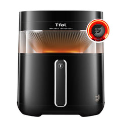 Infrared Air fryer with a sleek black design, illuminated cooking basket.